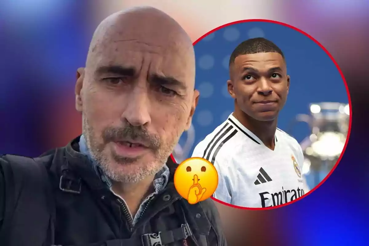 Muntatge de fotos de Diego Arrabal en primer pla mirant a càmera amb una imatge circular del jugador Kylian Mbappé amb la samarreta del Reial Madrid i un emoji.