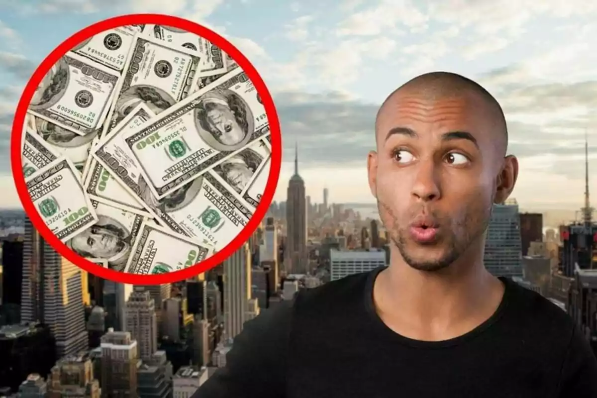 A man with a surprised expression looks at a red circle containing hundred-dollar bills, with a background of city skyscrapers. A man with a surprised expression looks at a red circle containing hundred-dollar bills, with a background of city skyscrapers.