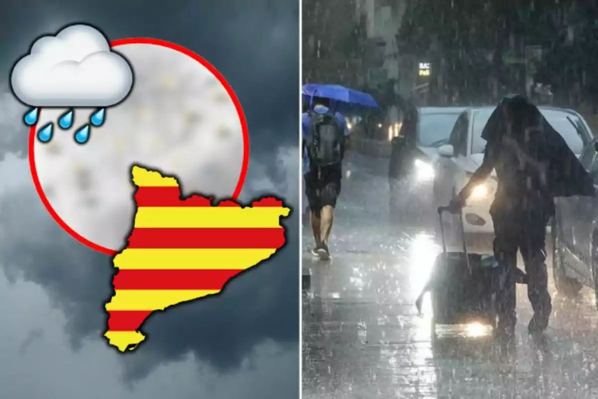 Mapa de Catalunya amb icona de pluja i persones caminant sota la pluja a un carrer. Mapa de Catalunya amb icona de pluja i persones caminant sota la pluja a un carrer.