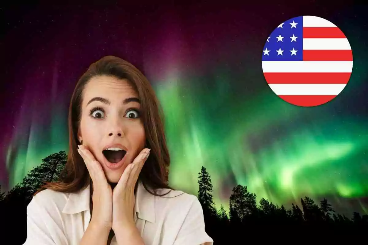 A woman with a surprised expression in front of the northern lights, with a United States flag in the upper right corner.