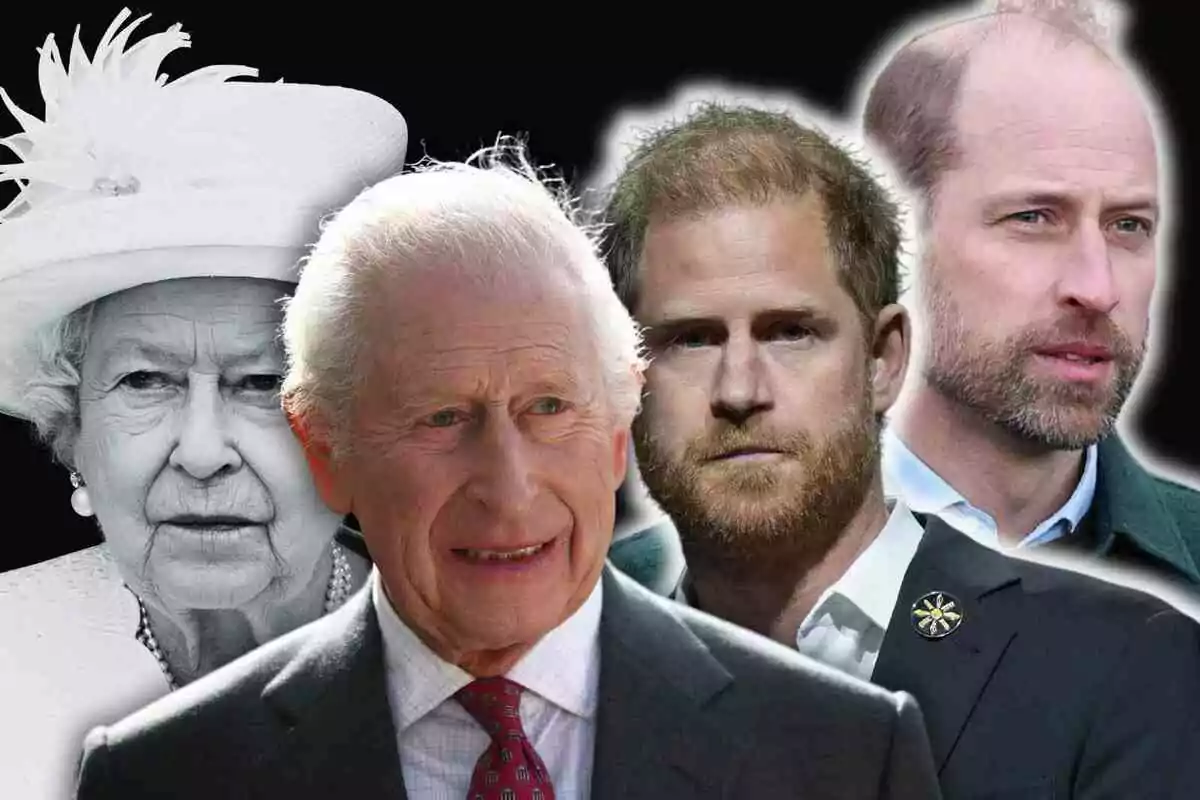 El rei Carles III i els prínceps Harry i Guillem posant junts, amb la reina Elisabet II en blanc i negre al fons. El rei Carles III i els prínceps Harry i Guillem posant junts, amb la reina Elisabet II en blanc i negre al fons.