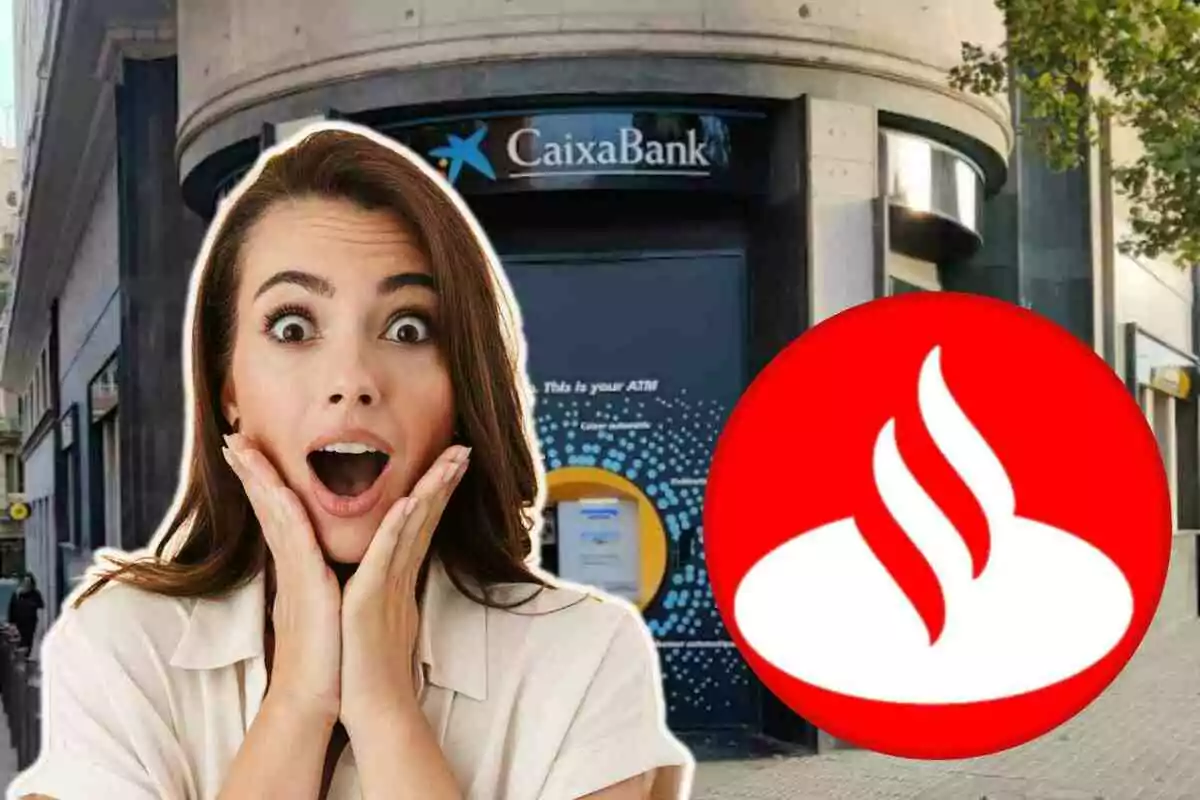 Una dona amb expressió de sorpresa davant d'un caixer automàtic de CaixaBank i el logotip de Santander.