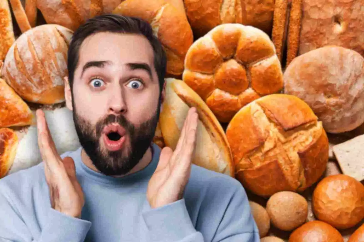 Un home amb expressió de sorpresa davant d'una varietat de pans.