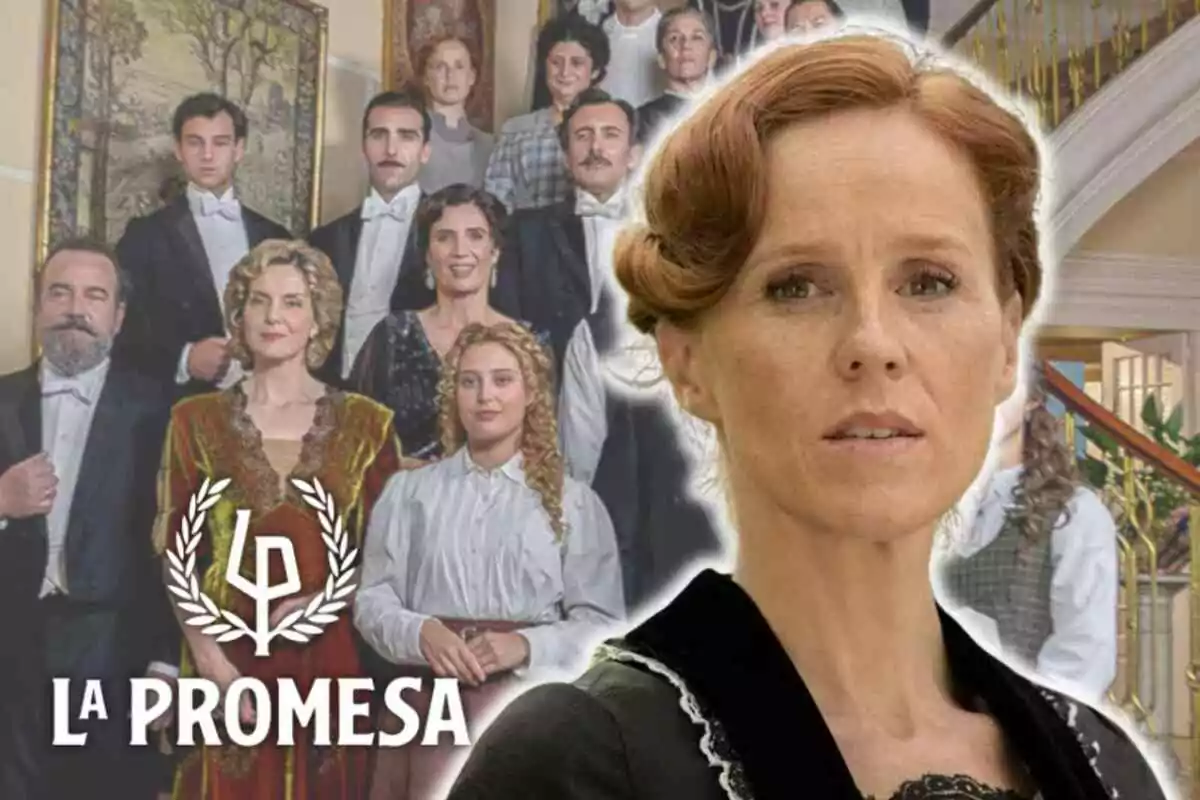 Un grup de persones elegantment vestides posen en un ambient luxós, destacant María Castro en primer pla amb expressió seriosa i el títol "La Promesa" a la part inferior.