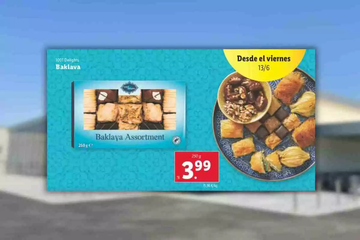 Promoció d’assortiment de baklava 250 grams a 3,99 euros disponible des de divendres 13 de juny amb imatge de la capsa i un plat amb diferents peces de baklava