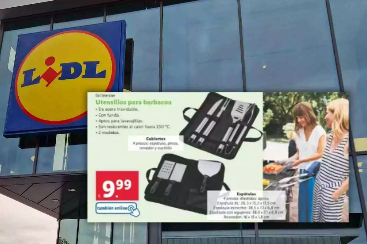 Cartel publicitario de Lidl mostrando un set de utensilios para barbacoa en oferta junto a una imagen de dos mujeres cocinando en una parrilla al aire libre Cartel publicitario de Lidl mostrando un set de utensilios para barbacoa en oferta junto a una imagen de dos mujeres cocinando en una parrilla al aire libre