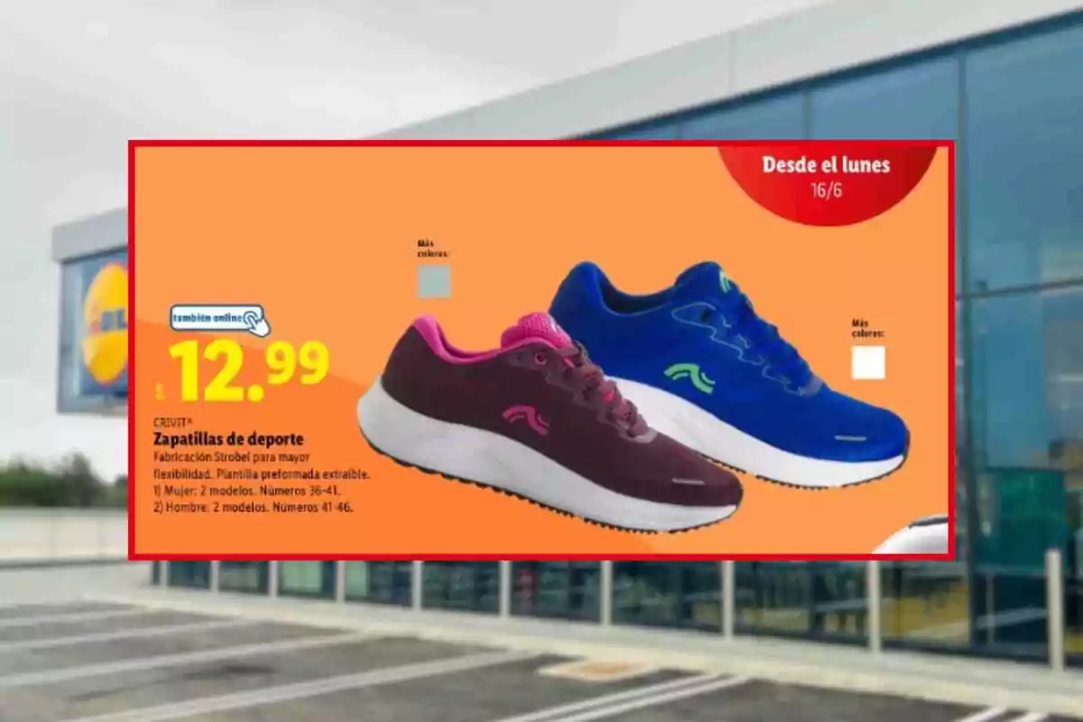 Publicitat de sabatilles esportives en oferta per 12,99 euros en una botiga Lidl amb models de color blau i bordeus sobre un fons taronja Publicitat de sabatilles esportives en oferta per 12,99 euros en una botiga Lidl amb models de color blau i bordeus sobre un fons taronja