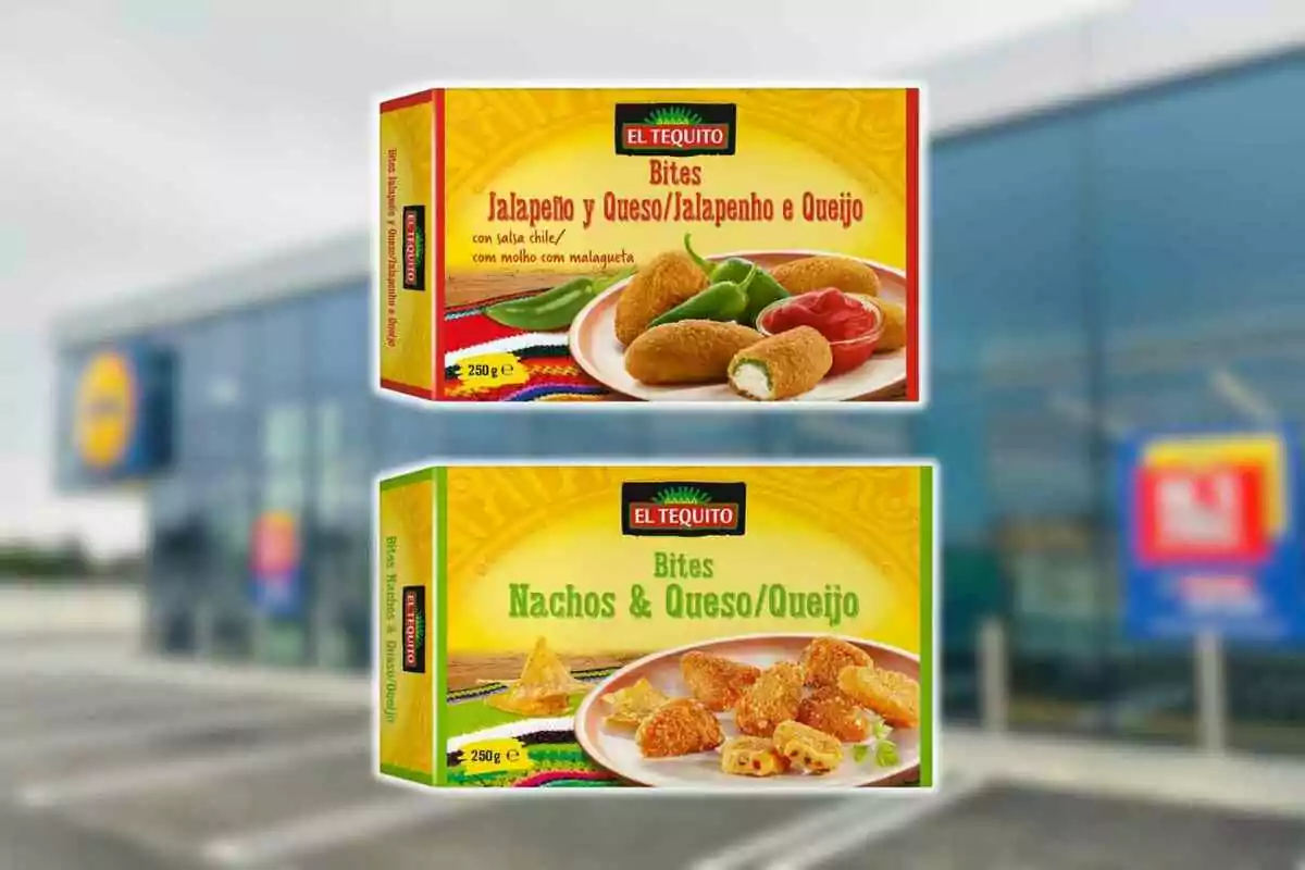 Dos cajas de botanas El Tequito, una de jalapeño con queso y otra de nachos con queso, frente a una tienda Lidl desenfocada. Dos cajas de botanas El Tequito, una de jalapeño con queso y otra de nachos con queso, frente a una tienda Lidl desenfocada.