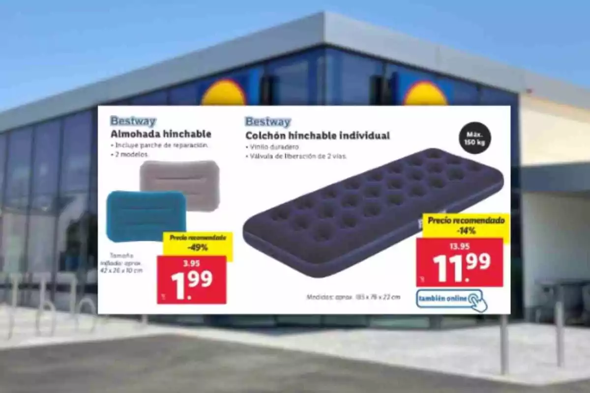 Anunci de productes inflables de la marca Bestway, mostrant un coixí inflable amb un preu d'1,99 euros i un matalàs inflable individual amb un preu d'11,99 euros, ambdós amb descomptes sobre el preu recomanat. Anunci de productes inflables de la marca Bestway, mostrant un coixí inflable amb un preu d'1,99 euros i un matalàs inflable individual amb un preu d'11,99 euros, ambdós amb descomptes sobre el preu recomanat.