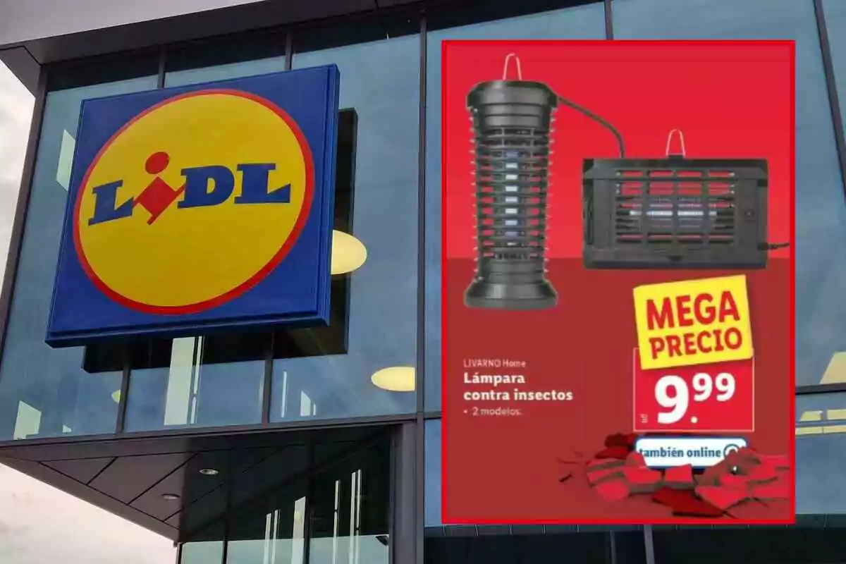 Imagen de un cartel publicitario de Lidl que muestra una oferta de lámparas contra insectos a un precio especial de 9.99, con el logotipo de la tienda visible en el fondo. Imagen de un cartel publicitario de Lidl que muestra una oferta de lámparas contra insectos a un precio especial de 9.99, con el logotipo de la tienda visible en el fondo.