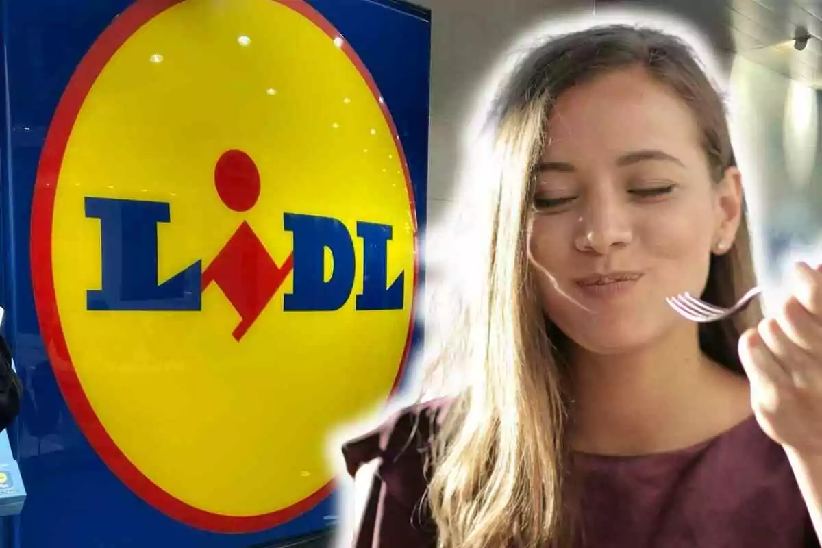 Una mujer disfruta de una comida mientras al fondo se ve el logo de la tienda Lidl