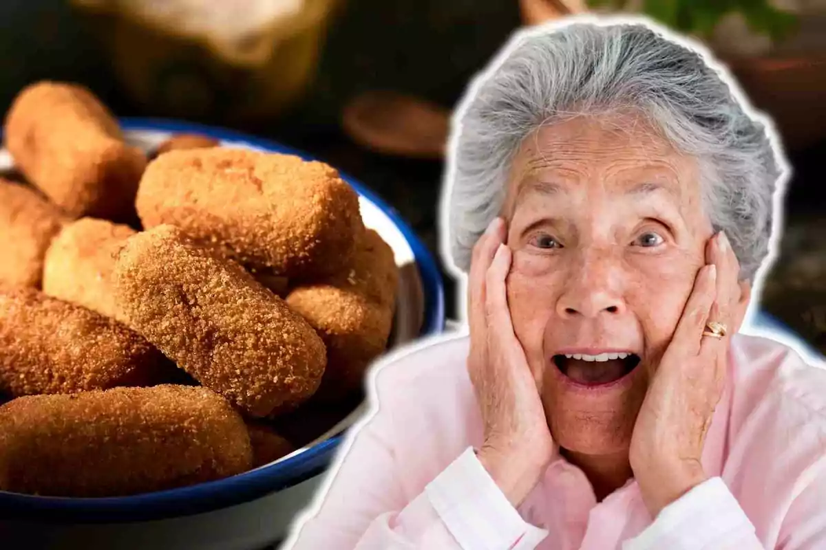 Una dona gran amb expressió de sorpresa al costat d'un plat ple de croquetes.