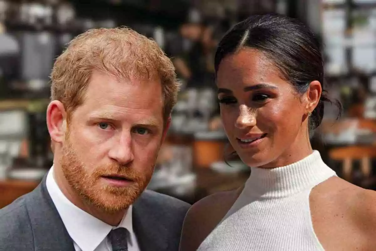 Primer pla de Meghan Markle seriosa i el príncep Harry somrient en un fons de restaurant difuminat. Primer pla de Meghan Markle seriosa i el príncep Harry somrient en un fons de restaurant difuminat.