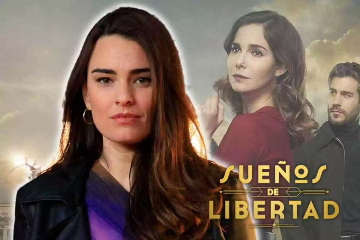 Alba Brunet de cabell fosc en primer pla amb dues persones al fons i el text "Sueños de Libertad".