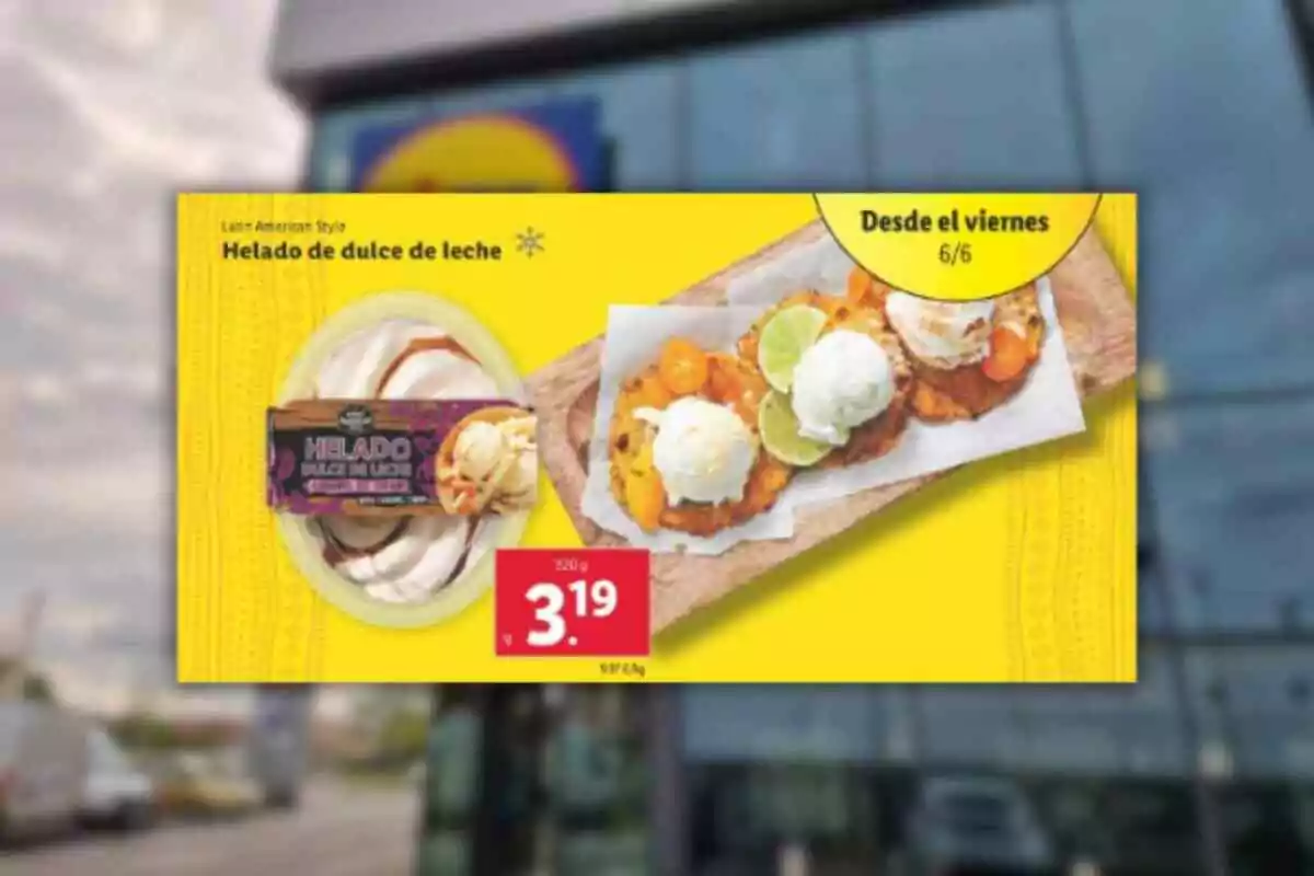 Promoció de gelat de dolç de llet amb imatge del producte i unes postres servides amb gelat, sobre un fons groc i el preu destacat Promoció de gelat de dolç de llet amb imatge del producte i unes postres servides amb gelat, sobre un fons groc i el preu destacat
