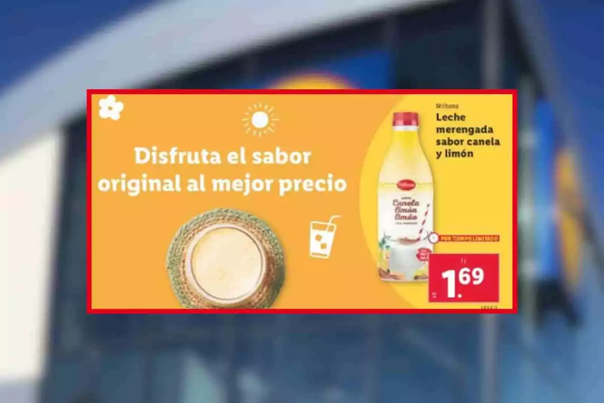 Publicitat de llet merengada gust canyella i llimona de la marca Milbona amb un preu d’1,69 euros i el missatge gaudeix del sabor original al millor preu sobre un fons taronja Publicitat de llet merengada gust canyella i llimona de la marca Milbona amb un preu d’1,69 euros i el missatge gaudeix del sabor original al millor preu sobre un fons taronja