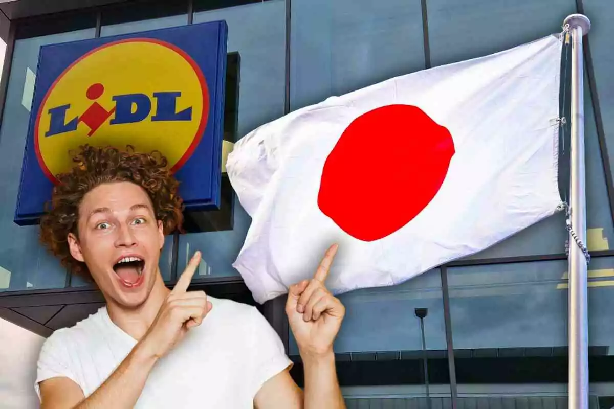 An excited man points to a Lidl sign and a flag with a red circle on a white background. An excited man points to a Lidl sign and a flag with a red circle on a white background.
