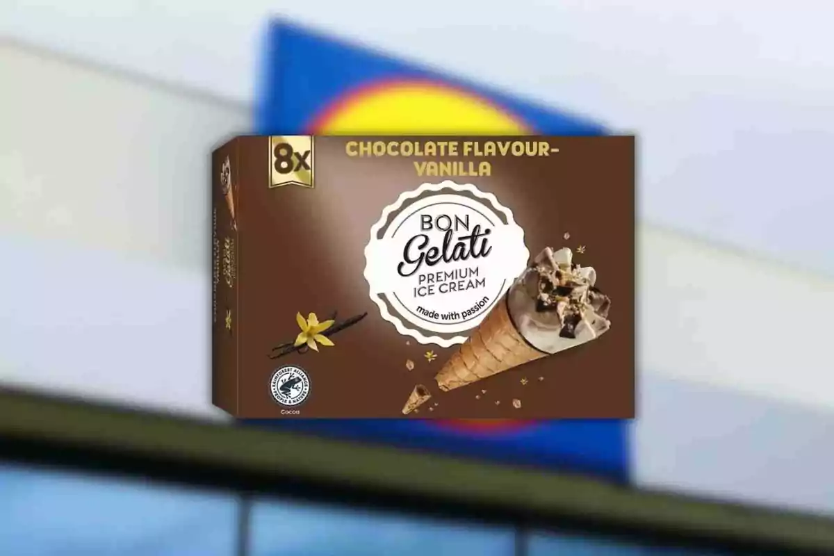 Bon Gelati brand chocolate and vanilla cone ice cream box with a design in brown tones and an illustrated vanilla flower. Bon Gelati brand chocolate and vanilla cone ice cream box with a design in brown tones and an illustrated vanilla flower.