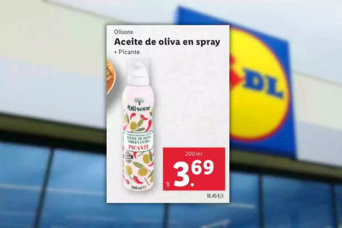 Promoció d’oli d’oliva en esprai picant marca Olisone de 200 ml a un preu de 3,69 euros en un fulletó de supermercat Lidl Promoció d’oli d’oliva en esprai picant marca Olisone de 200 ml a un preu de 3,69 euros en un fulletó de supermercat Lidl