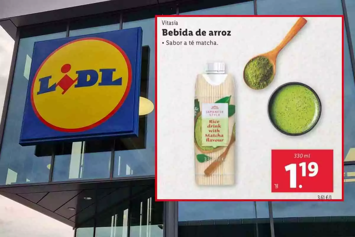 Image of a Lidl billboard showing a Vitasia brand rice drink with matcha tea flavor priced at 1.19 euros for 330 ml. Image of a Lidl billboard showing a Vitasia brand rice drink with matcha tea flavor priced at 1.19 euros for 330 ml.