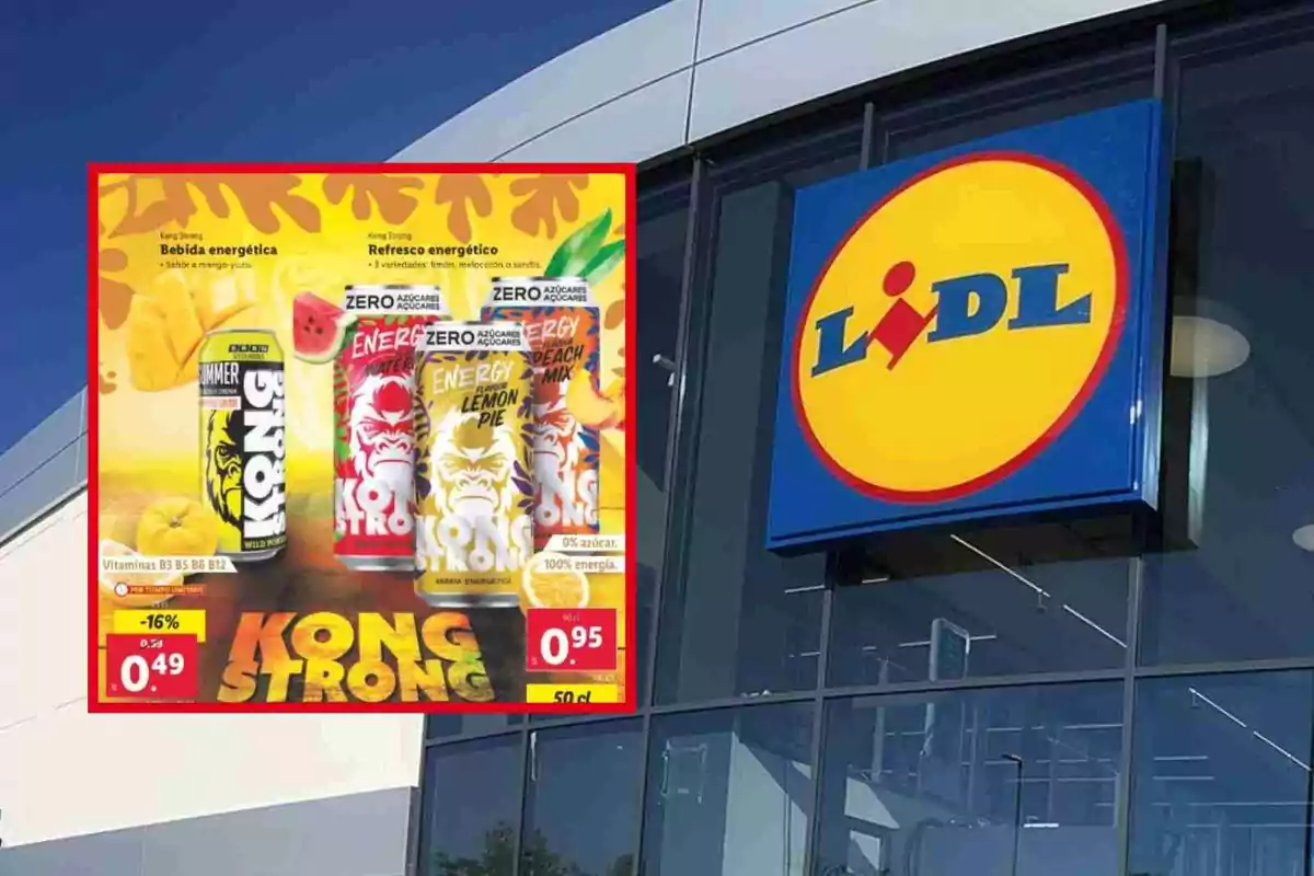 La imagen muestra la fachada de una tienda Lidl con un cartel promocional de bebidas energéticas Kong Strong, destacando diferentes sabores y precios. La imagen muestra la fachada de una tienda Lidl con un cartel promocional de bebidas energéticas Kong Strong, destacando diferentes sabores y precios.