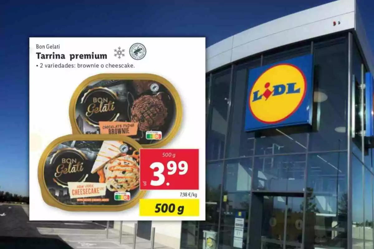 Oferta de gelat Bon Gelati en terrina de 500 grams en sabors brownie i cheesecake a 3,99 euros a l’entrada d’una botiga Lidl Oferta de gelat Bon Gelati en terrina de 500 grams en sabors brownie i cheesecake a 3,99 euros a l’entrada d’una botiga Lidl