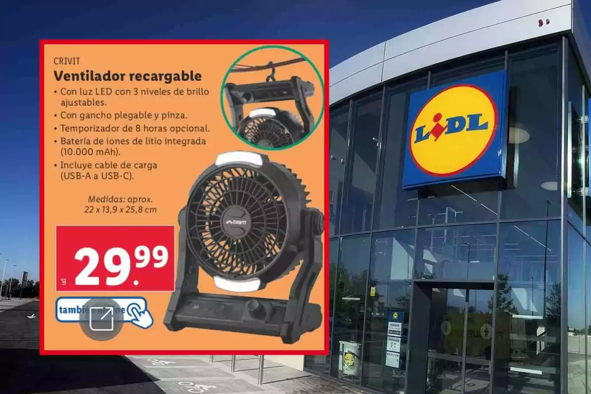 Imagen de un ventilador recargable Crivit con luz LED y batería de iones de litio, disponible en Lidl por 29.99 euros.