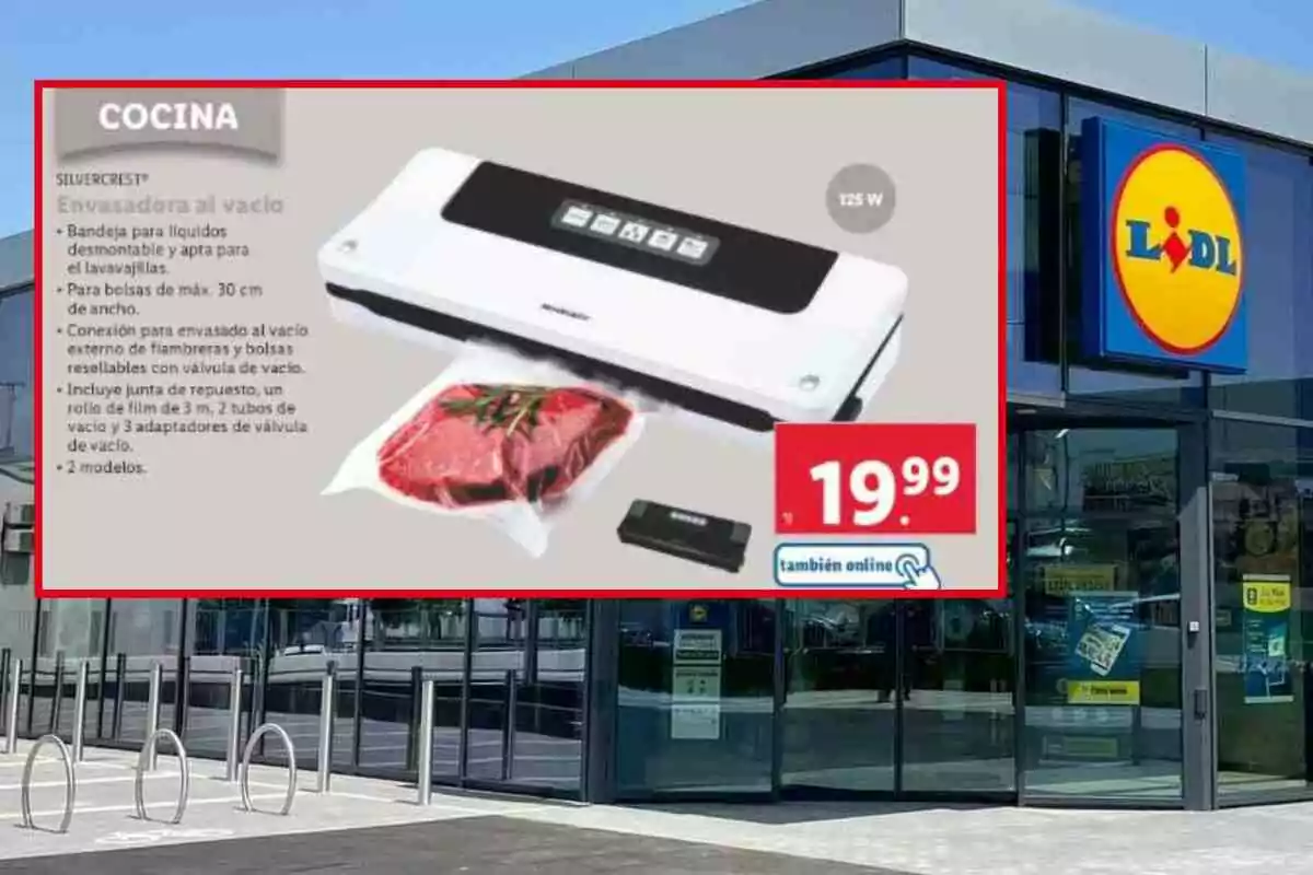 The image shows a Lidl store with an advertisement for a Silvercrest vacuum sealer, highlighting features such as a removable liquid tray, dishwasher safe, and connection for external vacuum sealing, priced at 19.99 euros. The image shows a Lidl store with an advertisement for a Silvercrest vacuum sealer, highlighting features such as a removable liquid tray, dishwasher safe, and connection for external vacuum sealing, priced at 19.99 euros.