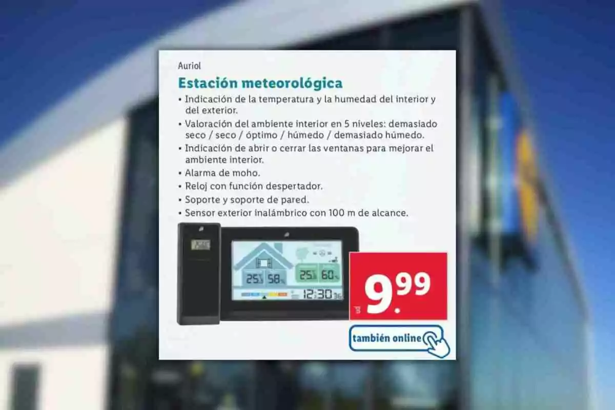 Publicitat d’una estació meteorològica Auriol amb pantalla digital, sensor exterior sense fils, funcions de temperatura, humitat, rellotge despertador i alarma de floridura, disponible per 9,99 euros també en línia