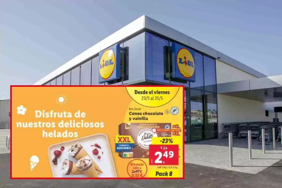 Lidl supermarket building with an ice cream promotional sign on the front. Lidl supermarket building with an ice cream promotional sign on the front.