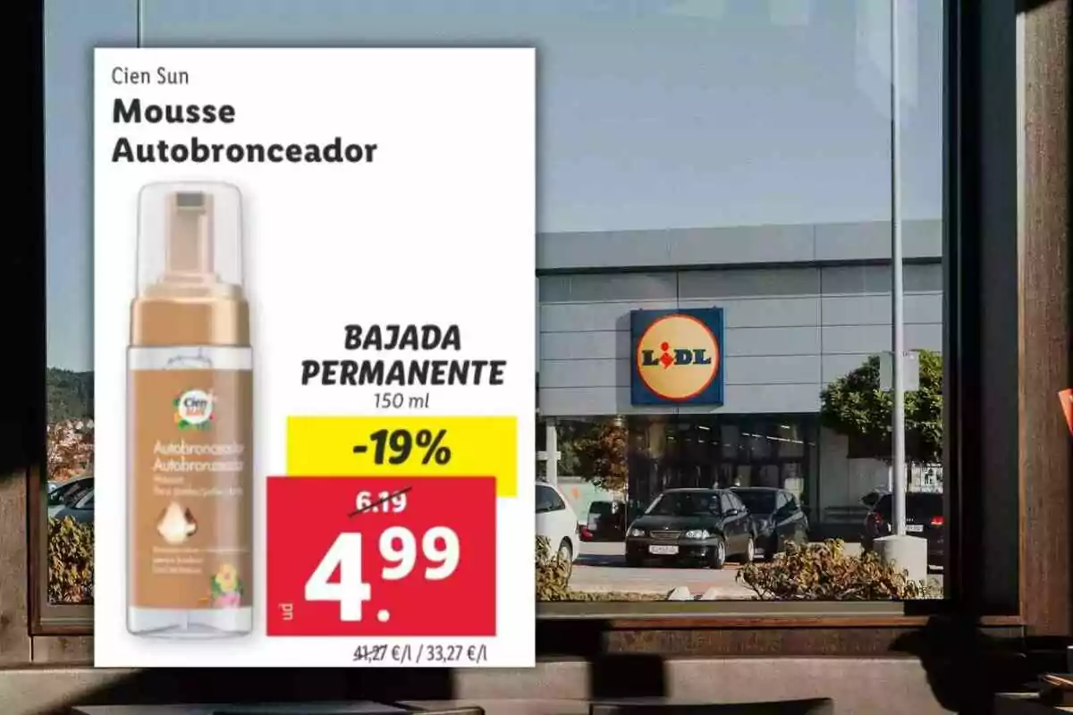 Promoció de mousse autobronzejador Cien Sun de 150 ml amb un descompte del 19 per cent a Lidl i preu final de 4,99 euros davant la façana de la botiga Promoció de mousse autobronzejador Cien Sun de 150 ml amb un descompte del 19 per cent a Lidl i preu final de 4,99 euros davant la façana de la botiga