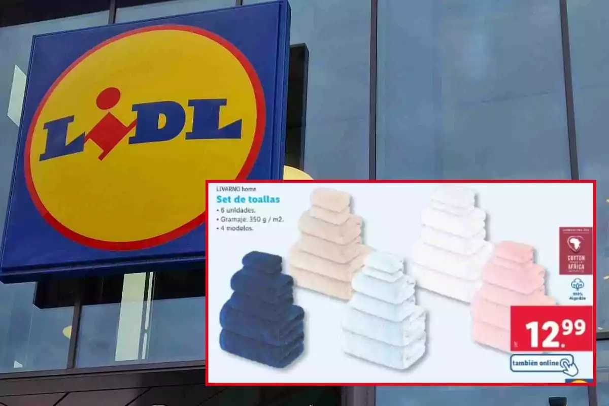 Imagen de un cartel de Lidl con una oferta de un set de toallas de diferentes colores y modelos a un precio de 12.99 euros. Imagen de un cartel de Lidl con una oferta de un set de toallas de diferentes colores y modelos a un precio de 12.99 euros.