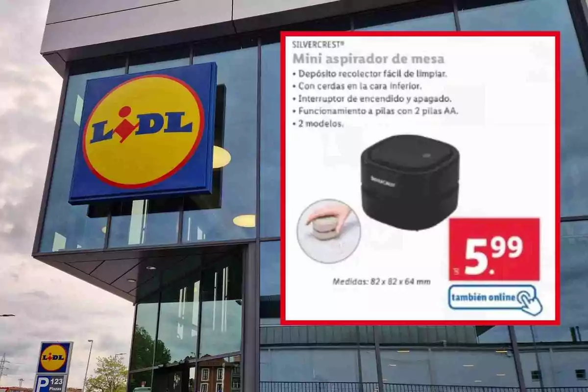 Lidl building with a promotional sign for a Silvercrest mini table vacuum cleaner, priced at 5.99 euros and also available online. Lidl building with a promotional sign for a Silvercrest mini table vacuum cleaner, priced at 5.99 euros and also available online.