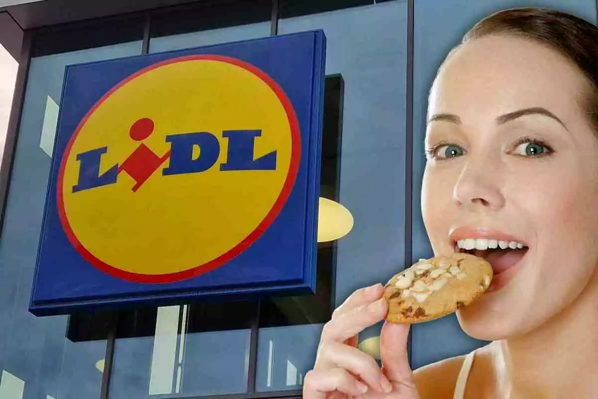 Mujer sonriente a punto de comer una galleta frente a una tienda Lidl