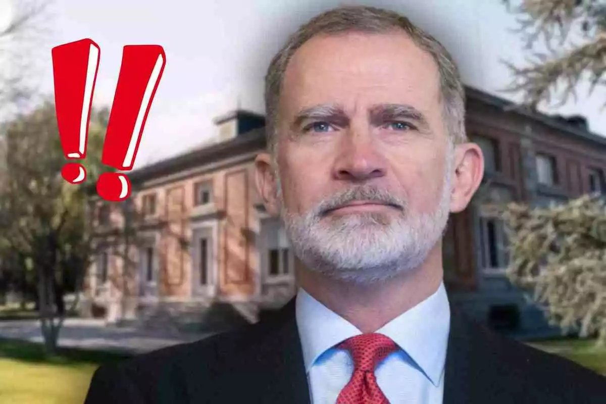 El rei Felip amb barba canosa, vestit i corbata vermella davant de la Zarzuela amb dos signes d’exclamació vermells al seu costat