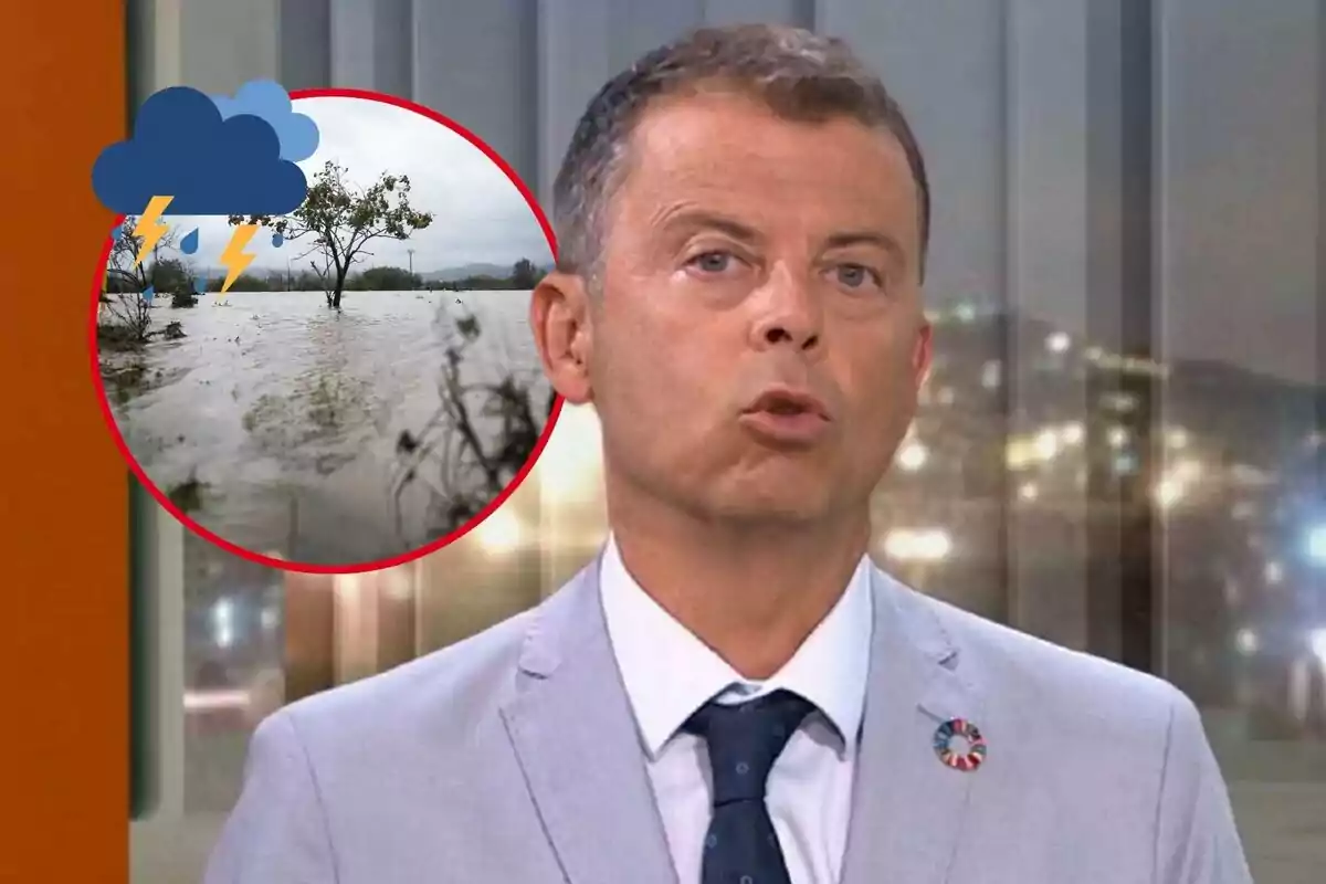 Francesc Mauri informa sobre inundacions amb un gràfic de tempesta a la pantalla. Francesc Mauri informa sobre inundacions amb un gràfic de tempesta a la pantalla.