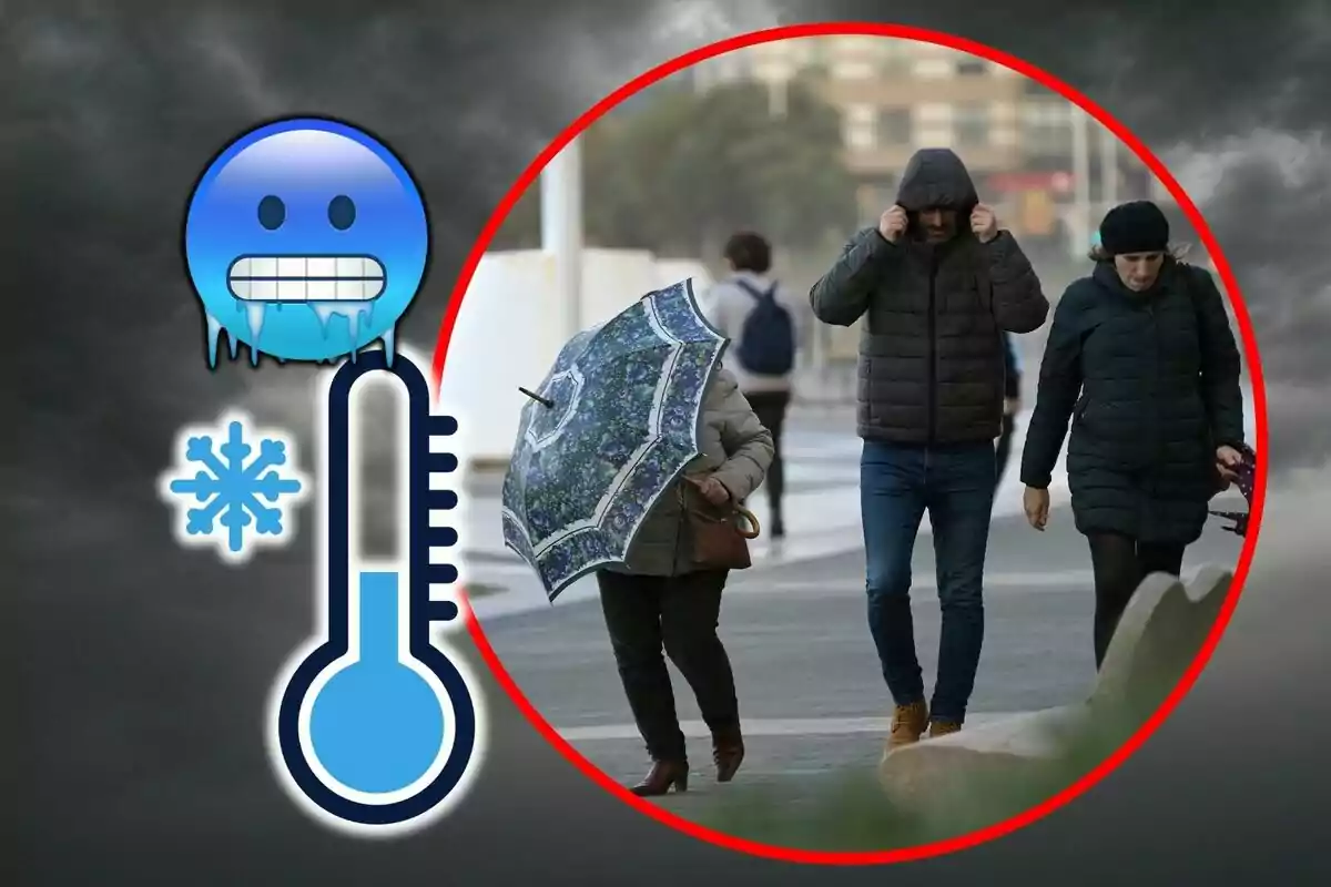 Persones caminant en un dia fred i ventós amb abrics i paraigües, juntament amb icones de fred i termòmetre.