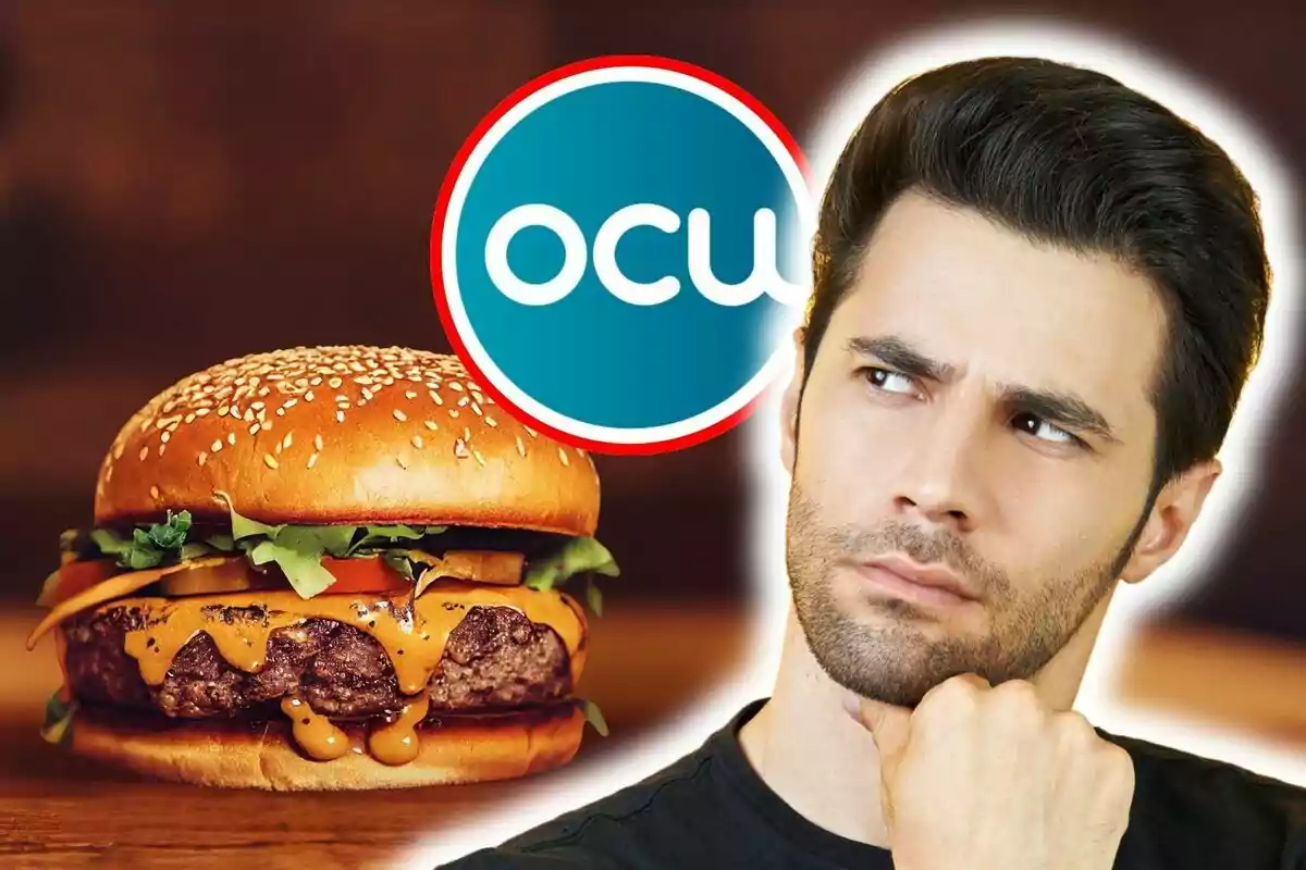 Un home pensatiu amb una hamburguesa amb el logotip d'OCU.