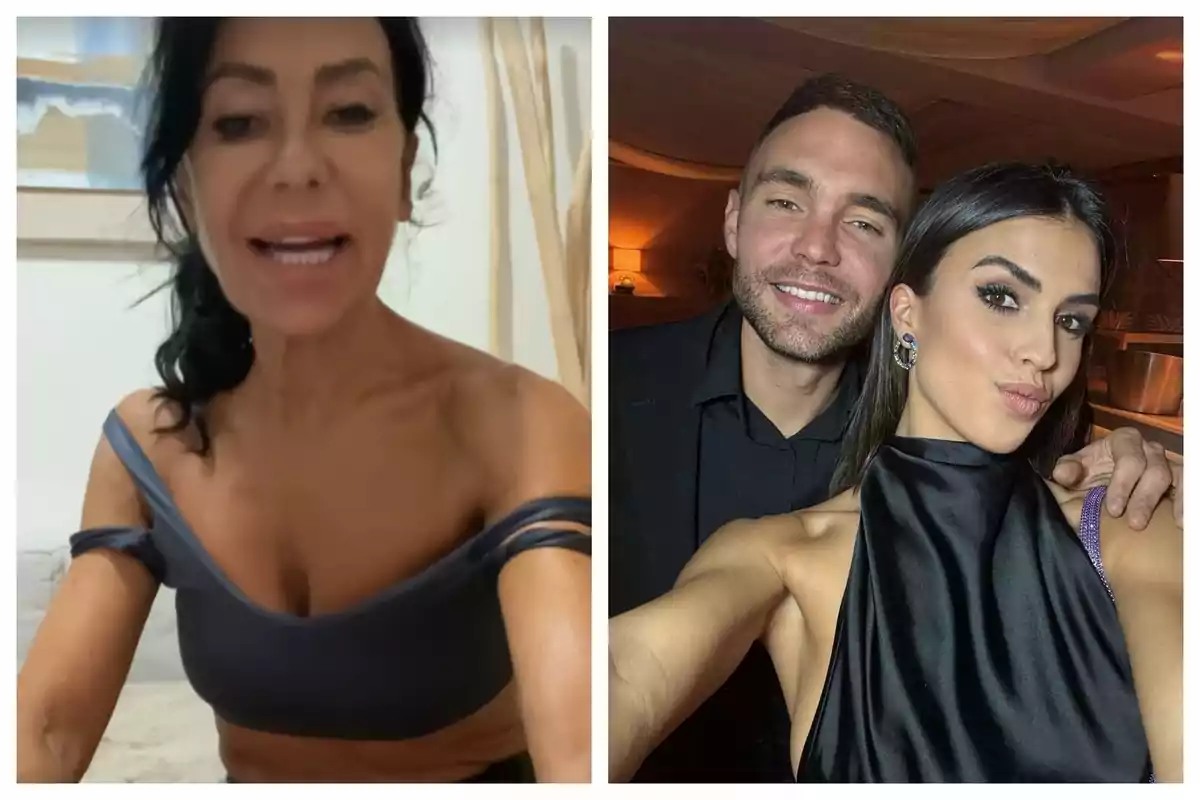 Maite Galdeano amb cabell fosc i una brusa grisa apareix a la imatge de l'esquerra, mentre que a la imatge de la dreta, Sofia Suescun i Cristian Suescun posen per a una selfie, tots dos vestits de manera elegant. Maite Galdeano amb cabell fosc i una brusa grisa apareix a la imatge de l'esquerra, mentre que a la imatge de la dreta, Sofia Suescun i Cristian Suescun posen per a una selfie, tots dos vestits de manera elegant.