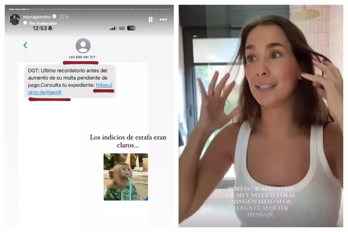 Una captura de pantalla mostra un missatge de text sospitós que sembla una estafa, juntament amb una imatge de María Pombo que adverteix sobre no compartir dades personals.