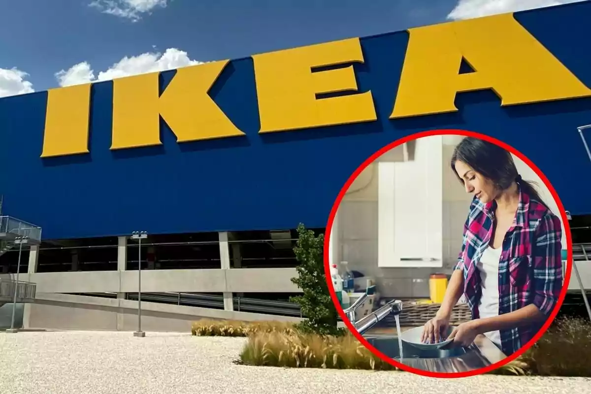 Muntatge de fotos d'un edifici d'Ikea amb un cercle vermell que mostra una persona rentant plats a una cuina.