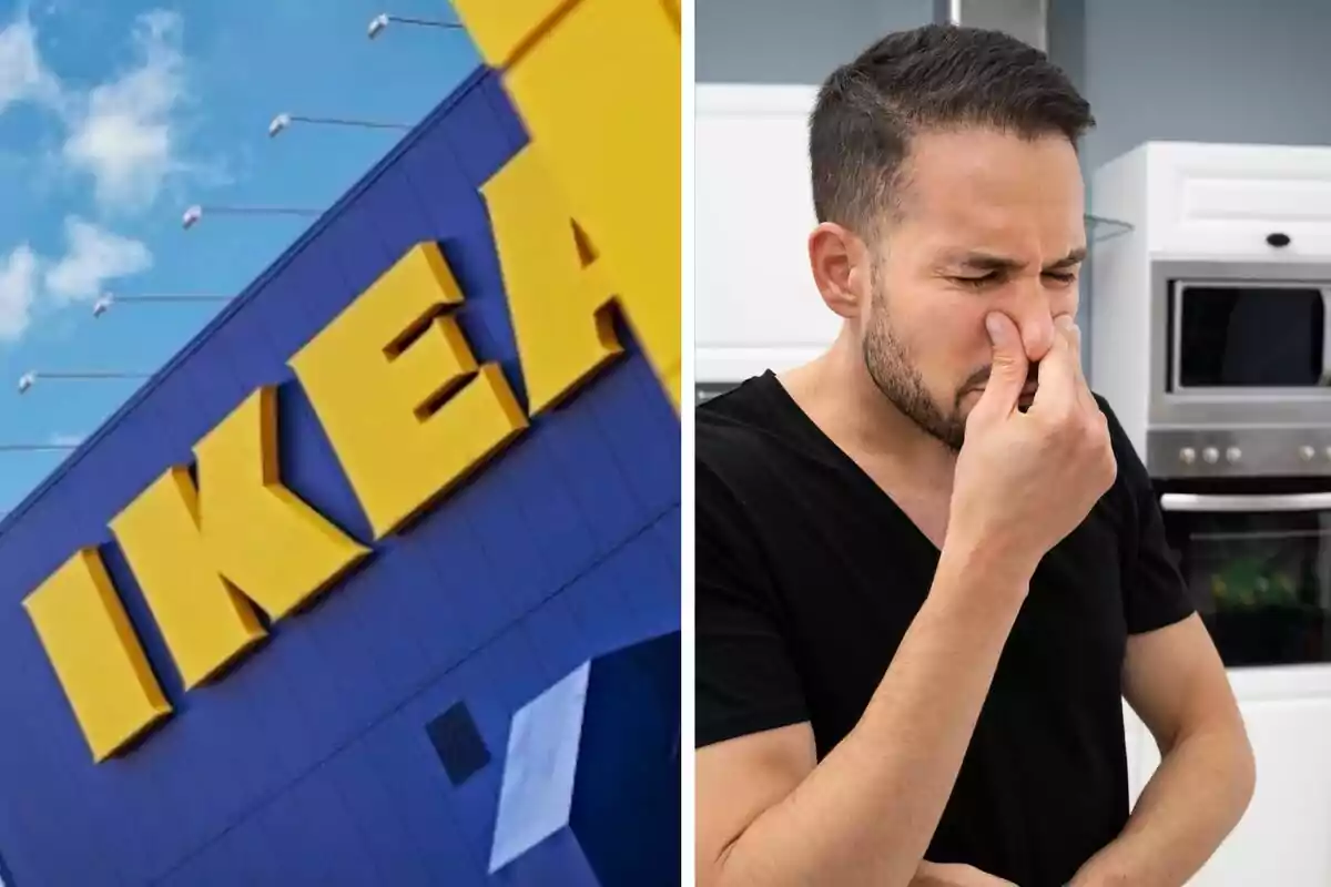 Un edifici d'Ikea amb el logo groc a l'esquerra i un home tapant-se el nas amb expressió de desgrat a la dreta.