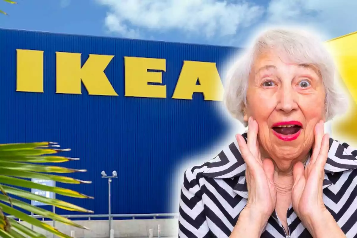 Una dona gran amb expressió de sorpresa davant d'una botiga d'Ikea.