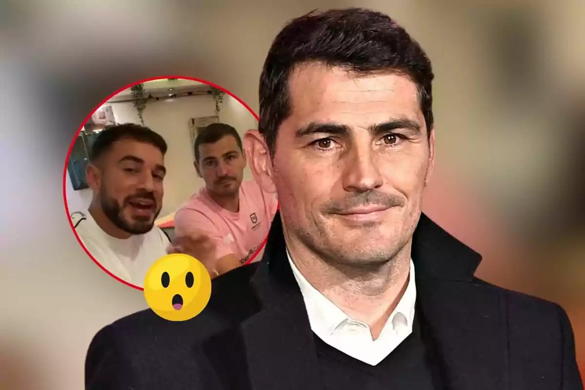 Muntatge de fotos d'Iker Casillas en primer pla somrient amb una imatge circular amb una captura d'ell en un vídeo de l'influencer Pablo Cabezali i una emoticona de sorpresa.