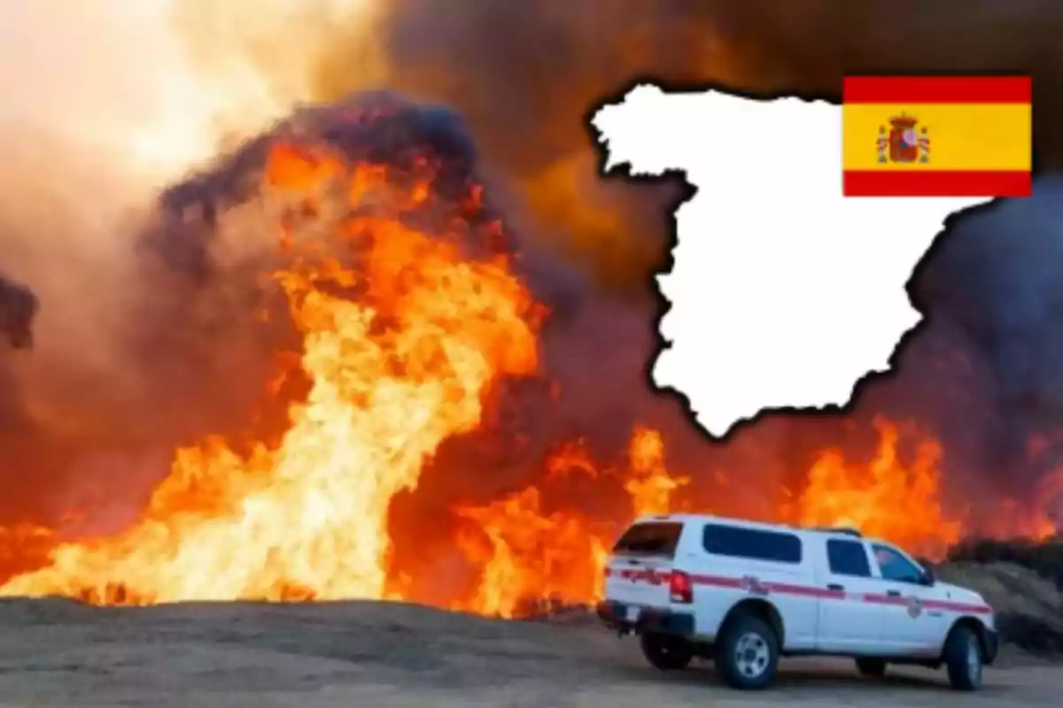 Un incendi forestal amb un vehicle d'emergència en primer pla i un mapa d'Espanya amb la bandera a la cantonada superior dreta.