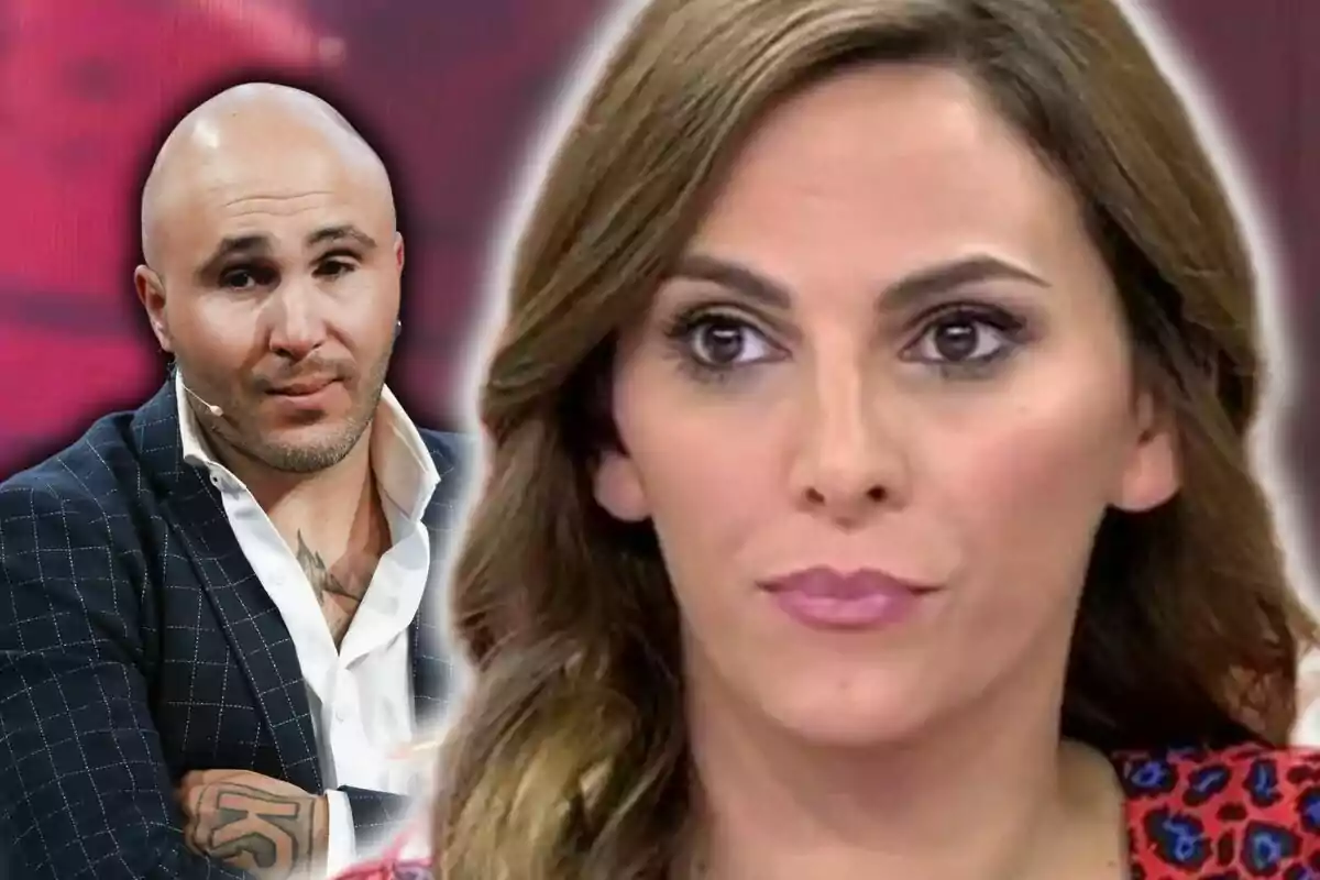 Irene Rosales amb expressió seriosa en primer pla i Kiko Rivera amb barba i tatuatge al fons, tots dos en un entorn d'estudi de televisió.