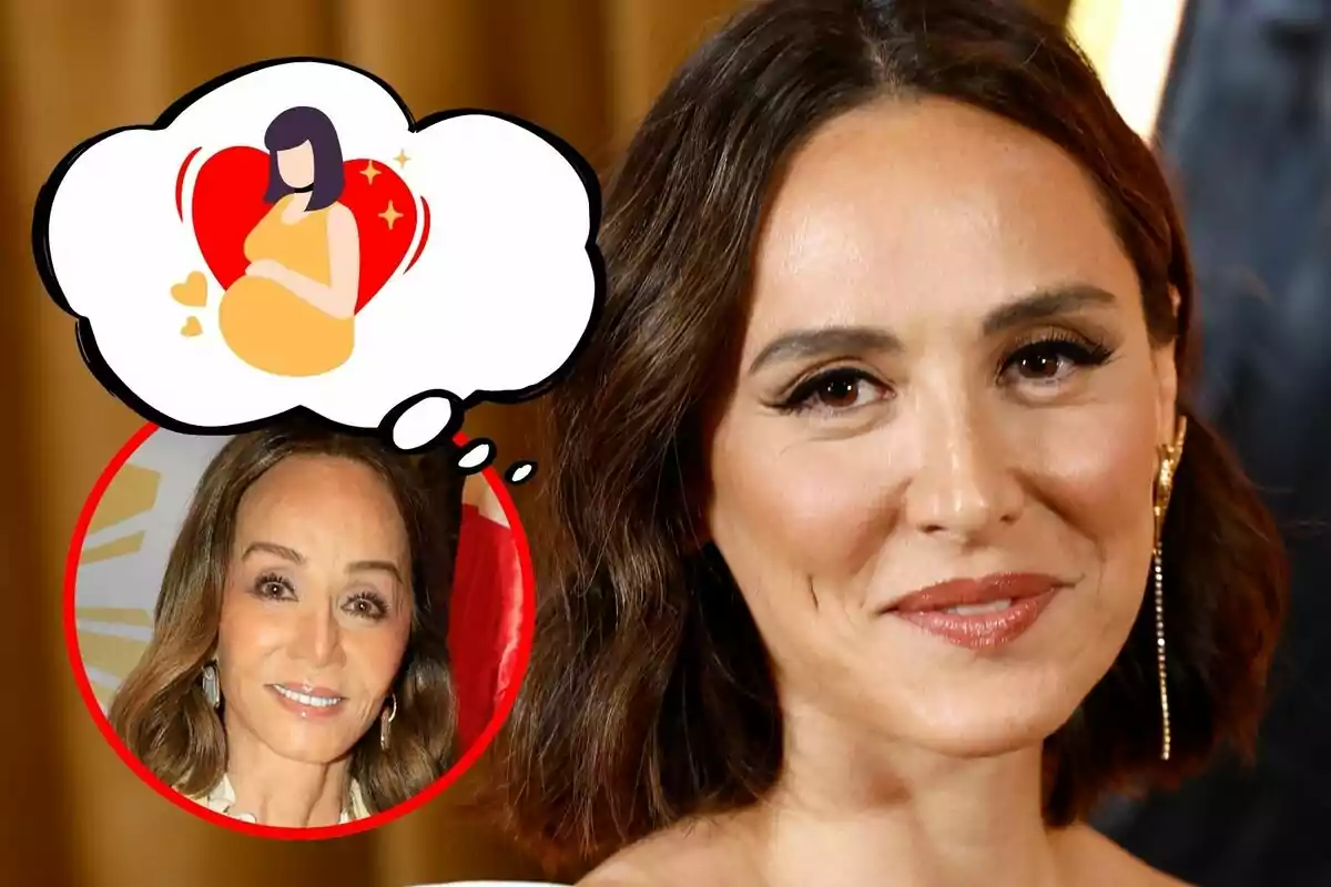 Primer pla de Tamara Falcó somrient amb cabells curts i arracades llargues daurades, amb un pensament que inclou l'emoji d'una dona embarassada i una foto d'Isabel Preysler dins d'un cercle vermell.