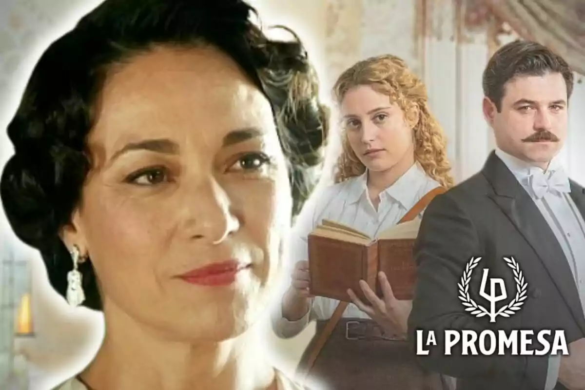 Tres persones en un muntatge promocional de la sèrie "La Promesa" amb una dona en primer pla, que és l'actriu Isabel Serrano, i dues persones al fons, una sostenint un llibre.