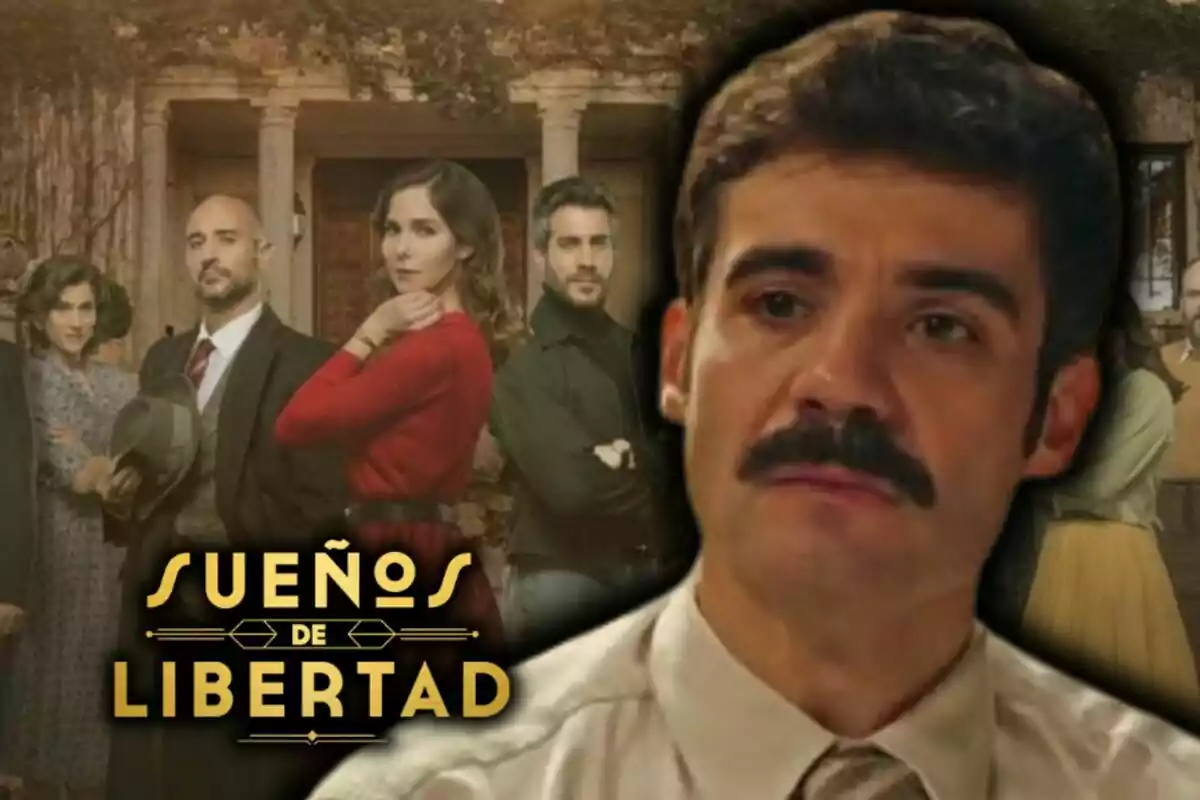 Un grup de persones vestides de manera elegant posen davant d'un edifici antic amb el títol "Sueños de Libertad" a la part inferior i en primer pla una imatge de l'actor Javier Beltrán.