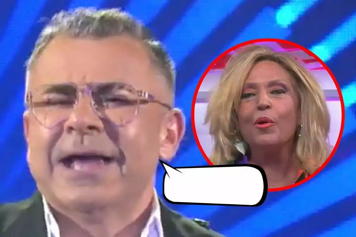 Jorge Javier amb ulleres i expressió facial intensa apareix en primer pla mentre Lydia Lozano està en un cercle vermell al fons.